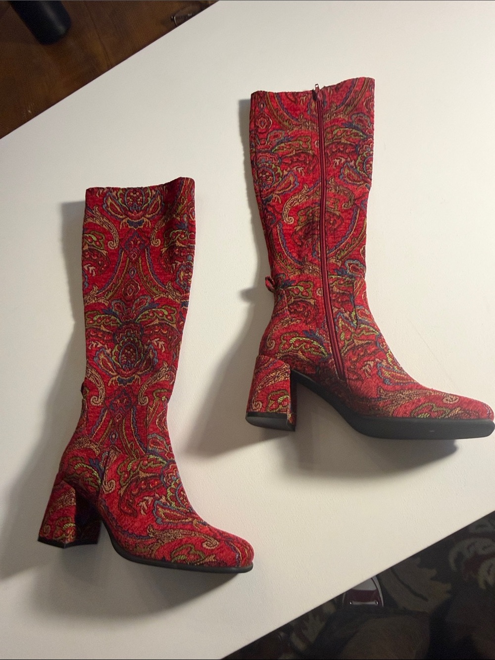 Jeffrey Campbell 10 Free People Red Floral Tapestry Brocade Knee High BootNWOB